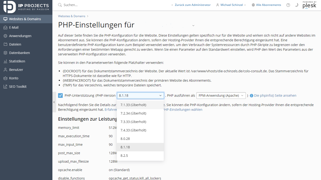 Plesk - PHP-Versions