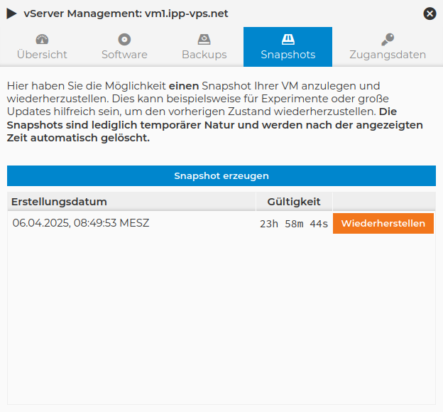 VServer Verwaltung - Snapshots
